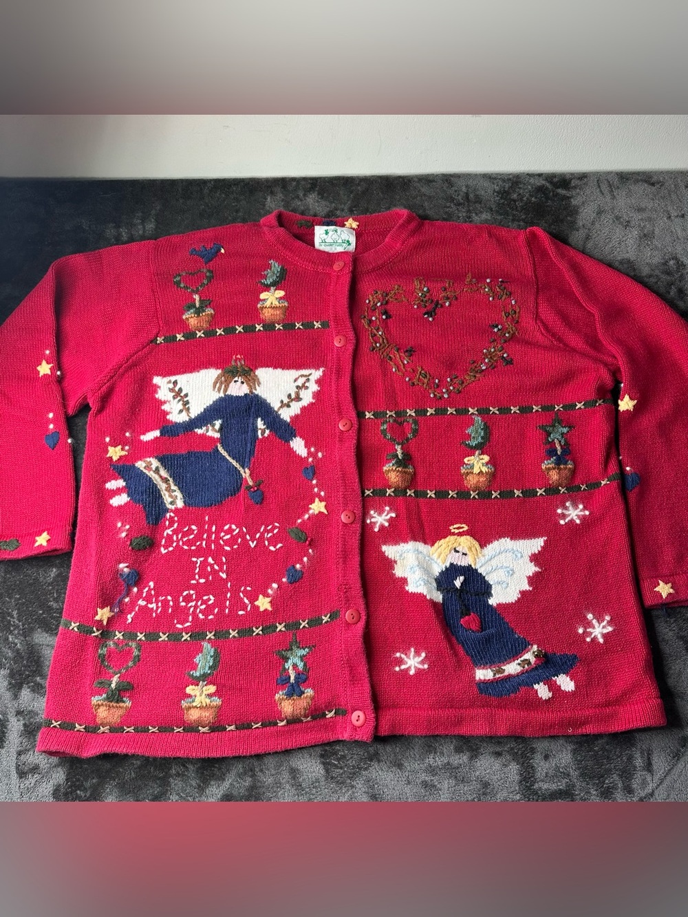 The Quacker Factory Angel Hearts Casual Holiday Button Cardigan Sweater 1X Red